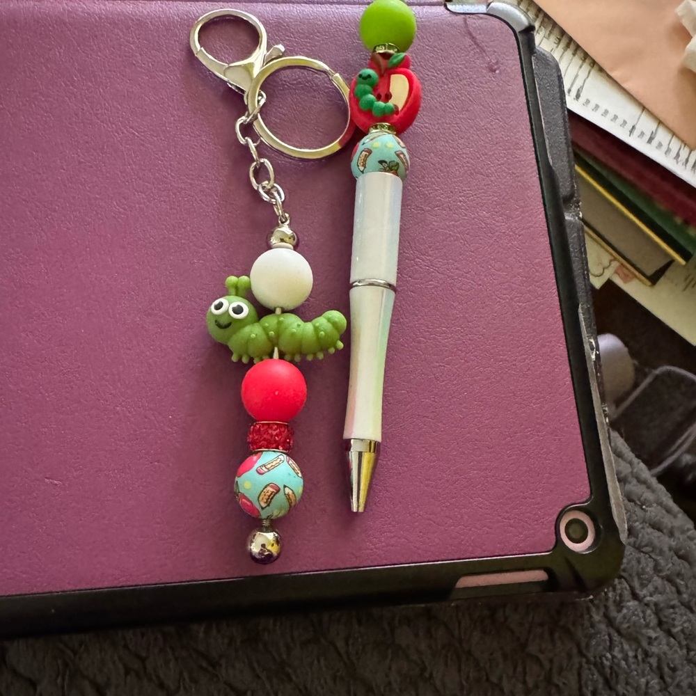 Colorful Beaded Keychain and Pen Set